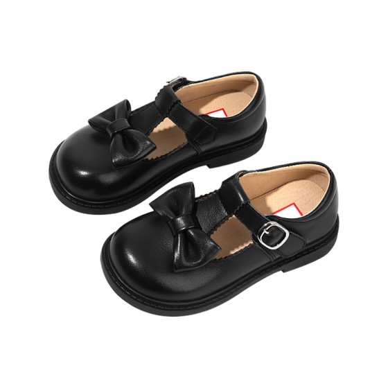 Retro bow decoration wide round toe girls leather shoes