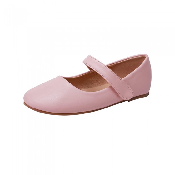 Pink simple round toe non-slip girls' leather shoes