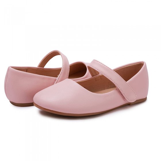 Pink simple round toe non-slip girls' leather shoes