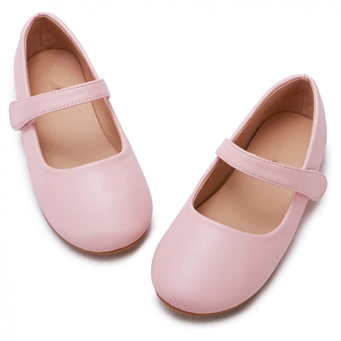 Pink simple round toe non-slip girls' leather shoes