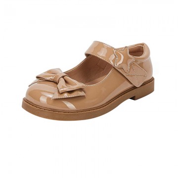 Brown elegant bow decorated girls leather shoes