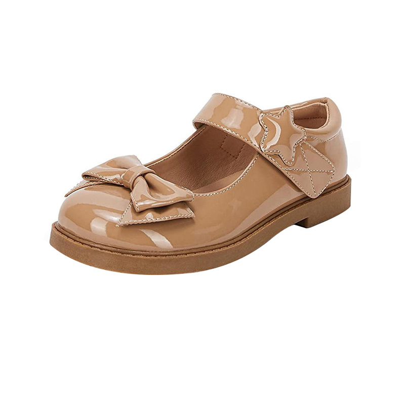 Brown elegant bow decorated girls leather shoes