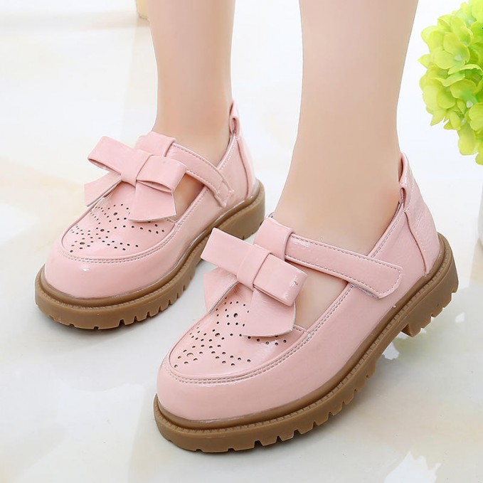 Bow breathable soft sole girls leather shoes