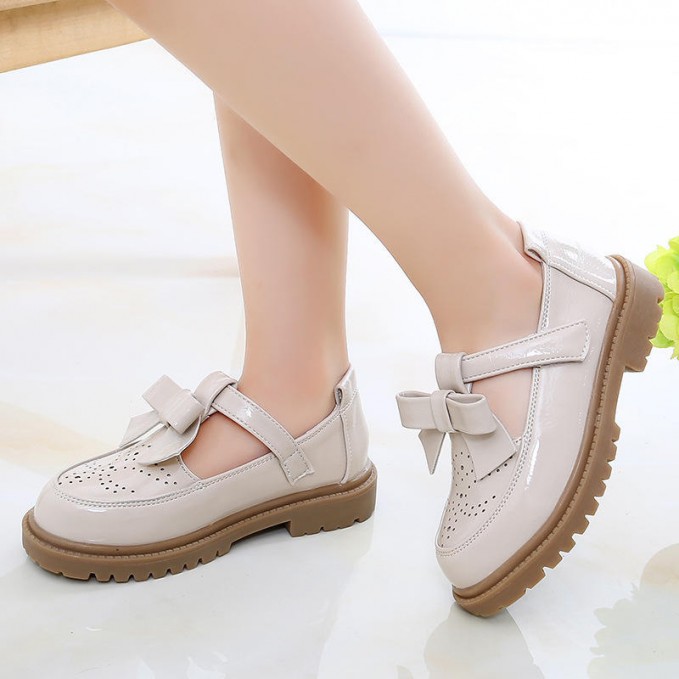 Bow breathable soft sole girls leather shoes