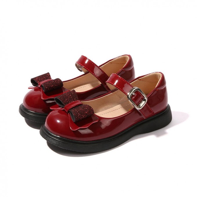 Glitter bow patent leather girls shoes