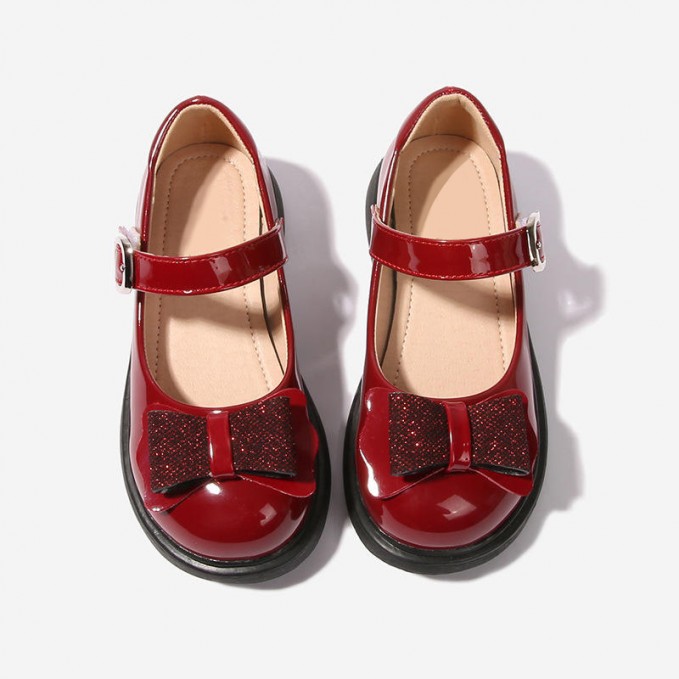 Glitter bow patent leather girls shoes