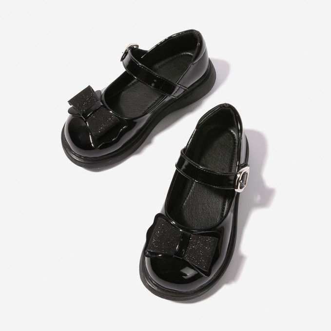 Glitter bow patent leather girls shoes