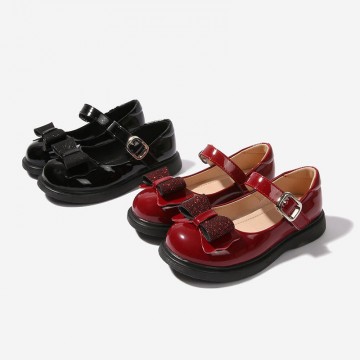 Glitter bow patent leather girls shoes