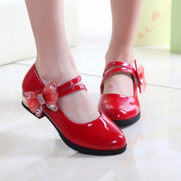 Elegant bow decoration smooth girls leather shoes