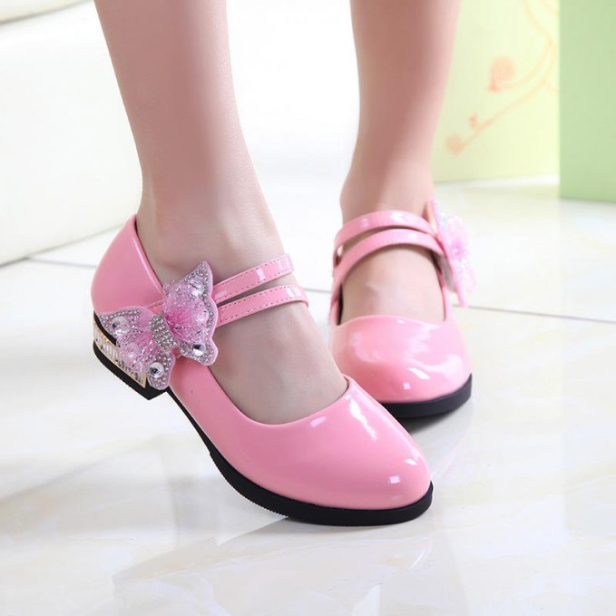 Elegant bow decoration smooth girls leather shoes