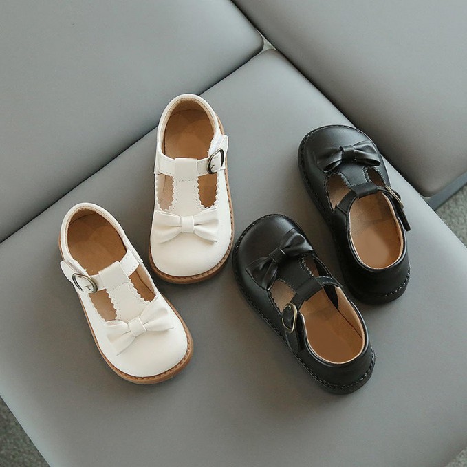 Fashion bow breathable girls leather shoes