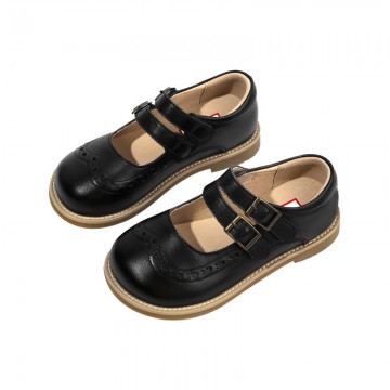 Wide round toe genuine leather double buckle girls' shoes