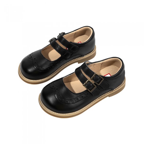 Wide round toe genuine leather double buckle girls' shoes