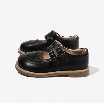 Wide round toe genuine leather double buckle girls' shoes