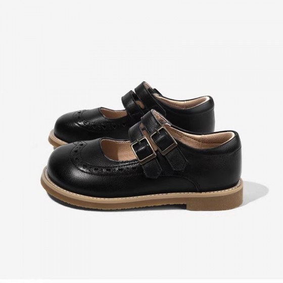 Wide round toe genuine leather double buckle girls' shoes