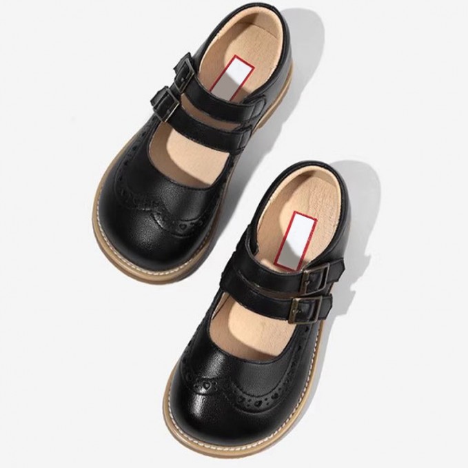 Wide round toe genuine leather double buckle girls' shoes