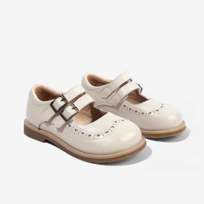 Wide round toe genuine leather double buckle girls' shoes