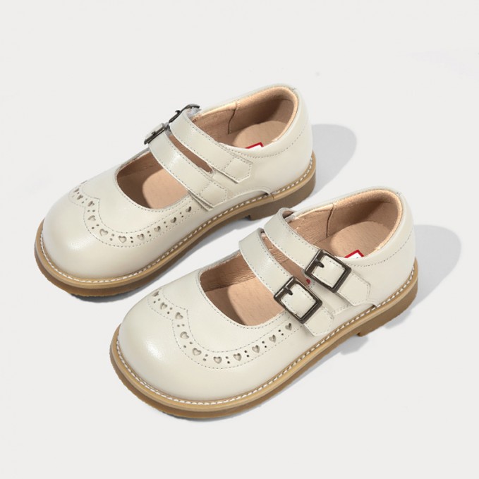Wide round toe genuine leather double buckle girls' shoes