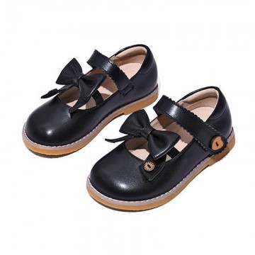 Bow front elastic non-slip girls' leather shoes