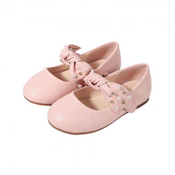 Pearl bowknot round toe non-slip girls' leather shoes