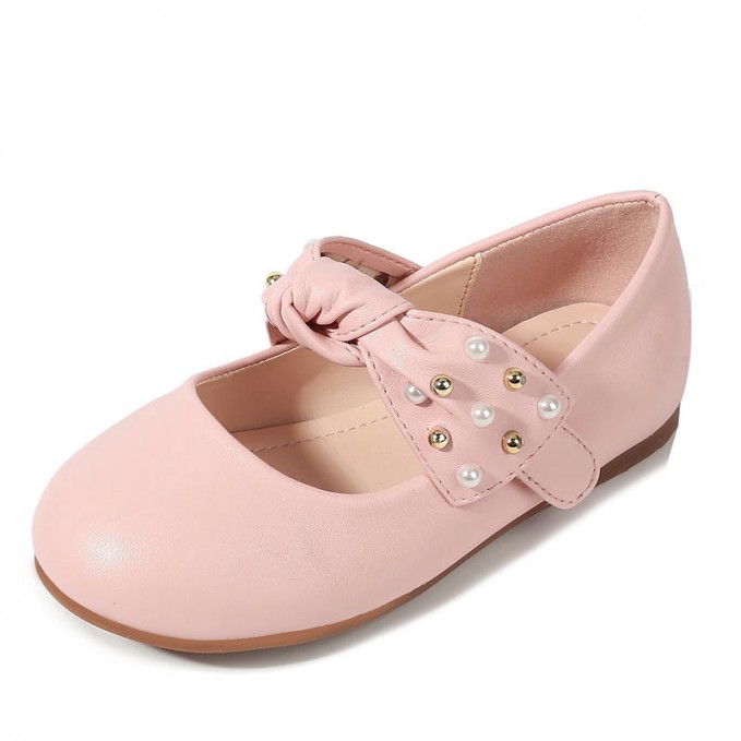 Pearl bowknot round toe non-slip girls' leather shoes