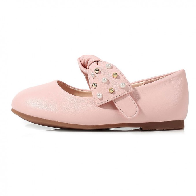 Pearl bowknot round toe non-slip girls' leather shoes