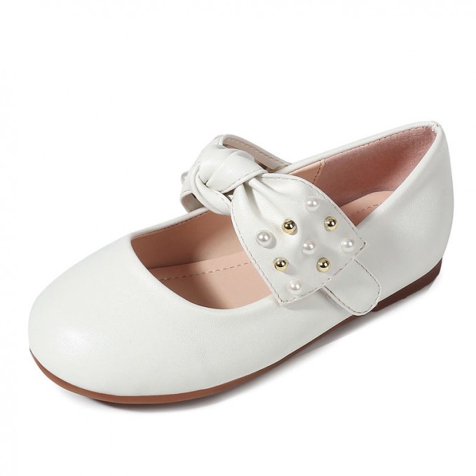 Pearl bowknot round toe non-slip girls' leather shoes