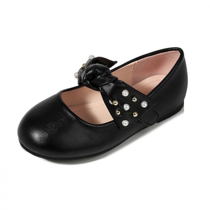 Pearl bowknot round toe non-slip girls' leather shoes