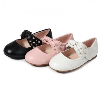 Pearl bowknot round toe non-slip girls' leather shoes