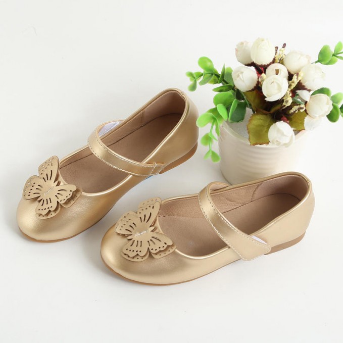Girls' leather shoes with golden butterfly decoration