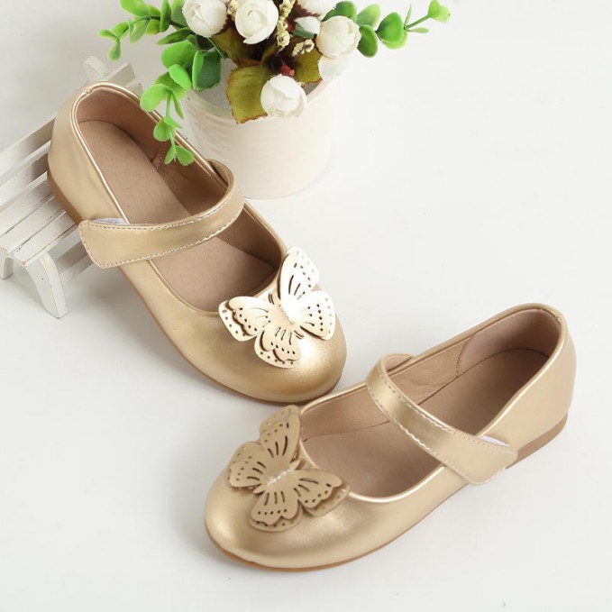 Girls' leather shoes with golden butterfly decoration