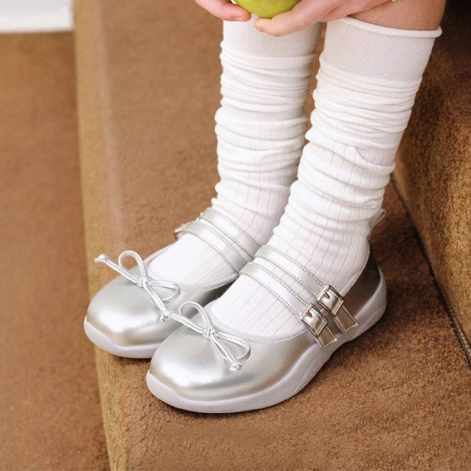 Bow tie wide toe non-slip girls' leather shoes