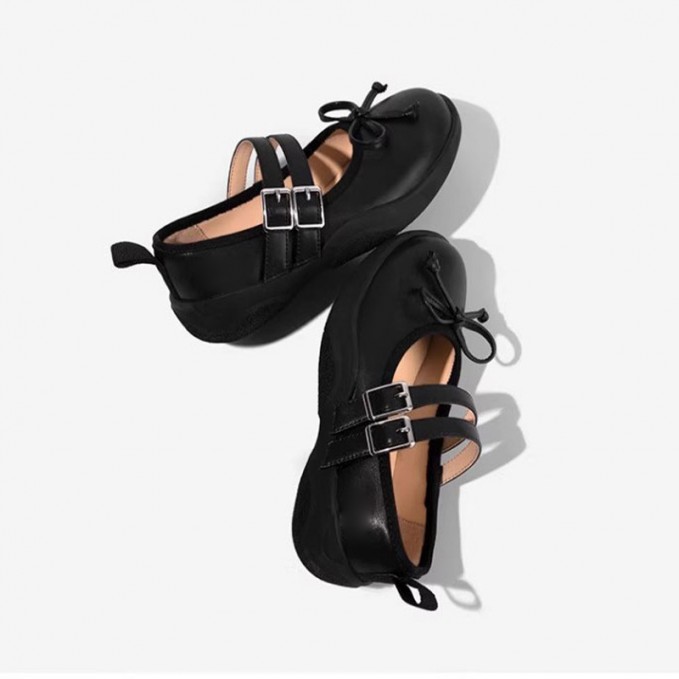Bow tie wide toe non-slip girls' leather shoes