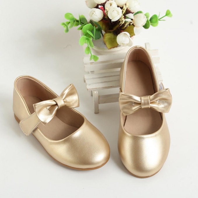 Durable bow decoration girls leather shoes