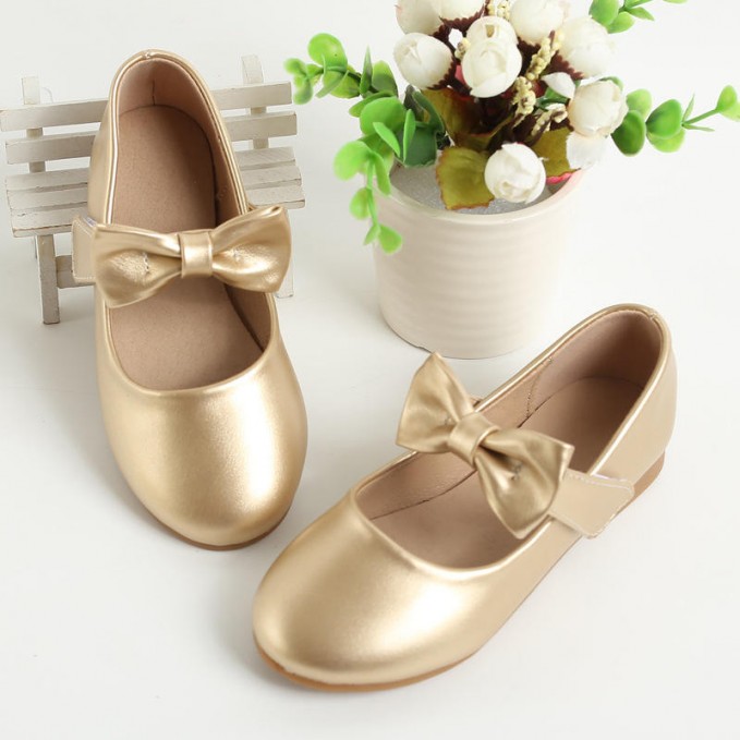Durable bow decoration girls leather shoes