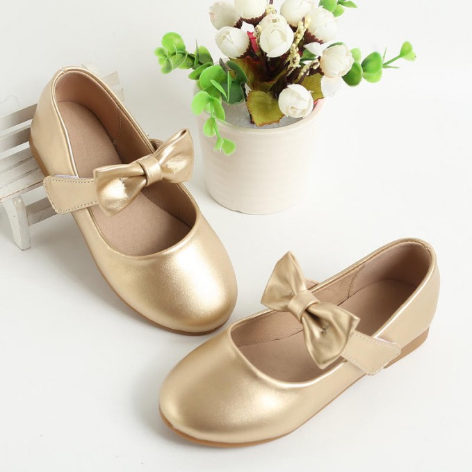 Durable bow decoration girls leather shoes