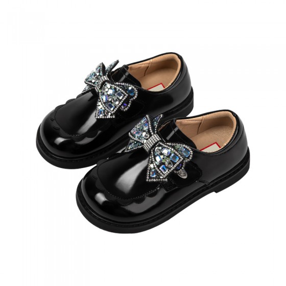Rhinestone bow decoration comfortable girls leather shoes