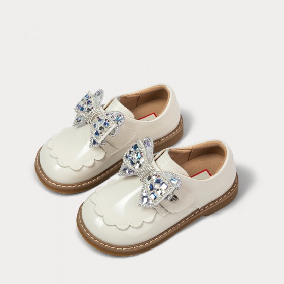 Rhinestone bow decoration comfortable girls leather shoes