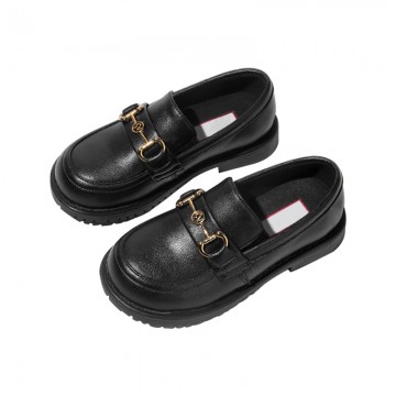 Black metal buckle decorated girls' leather shoes