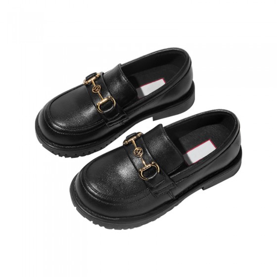 Black metal buckle decorated girls' leather shoes