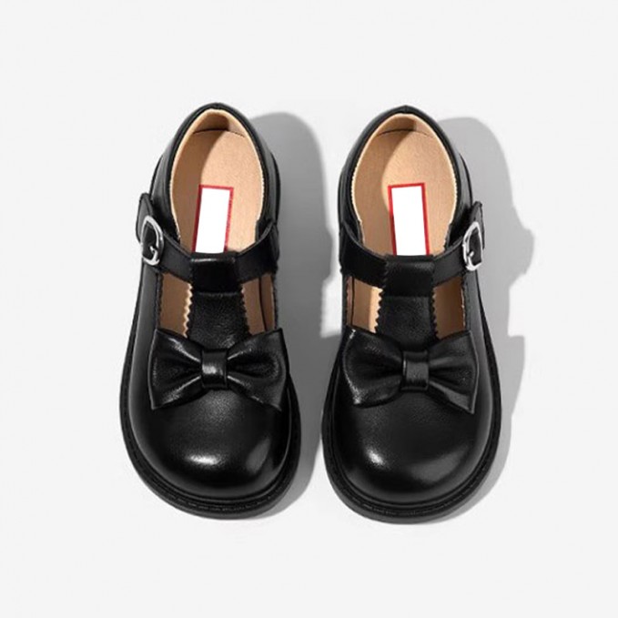 Retro bow decoration wide round toe girls leather shoes