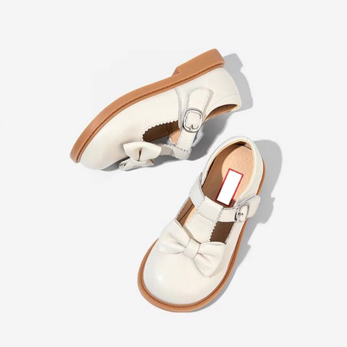 Retro bow decoration wide round toe girls leather shoes