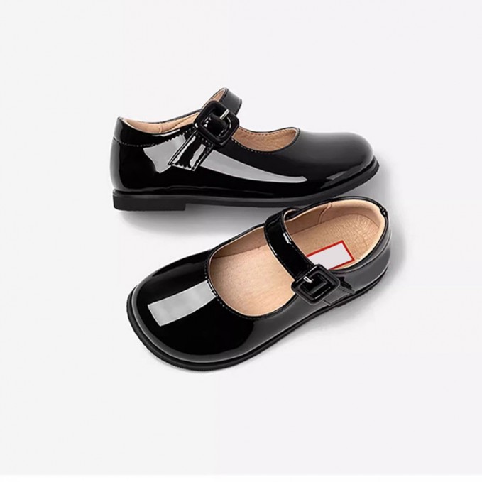 Black wide toe Velcro girls' leather shoes