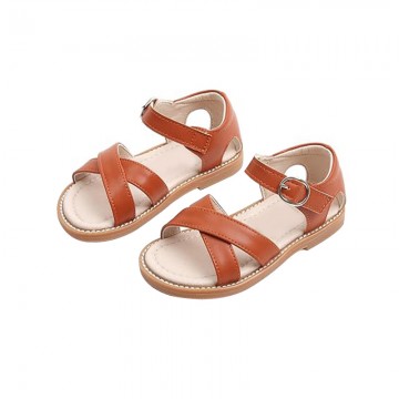 Brown cross-weave open toe flat girls sandals