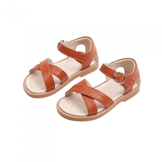 Brown cross-weave open toe flat girls sandals