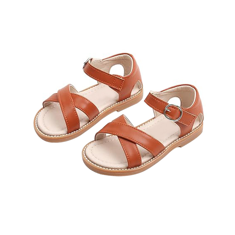Brown cross-weave open toe flat girls sandals