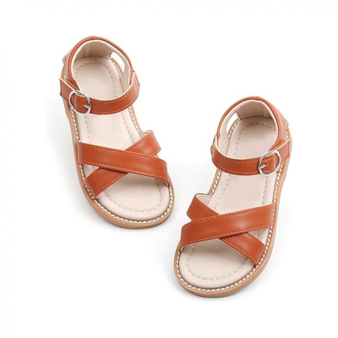 Brown cross-weave open toe flat girls sandals