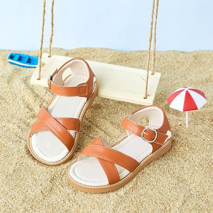 Brown cross-weave open toe flat girls sandals