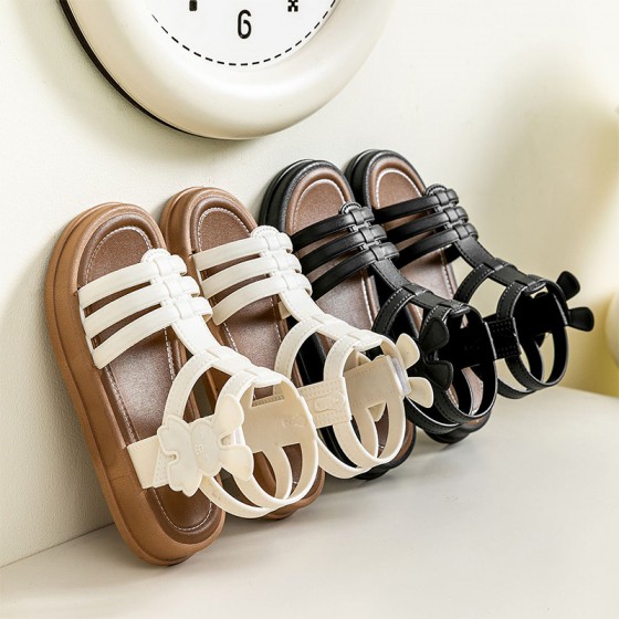 Rabbit decorated breathable woven flat sandals for girls