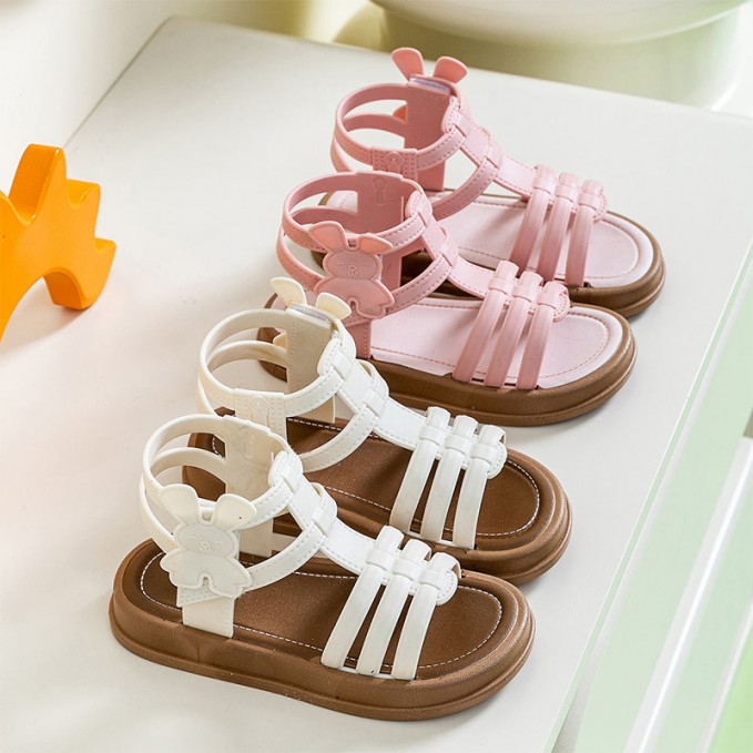 Rabbit decorated breathable woven flat sandals for girls